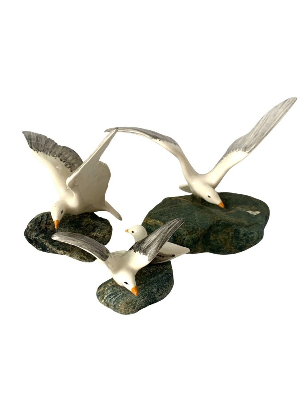 3 Handcrafted Ceramic Seagull Figurines Signed Mounted On Natural Stone